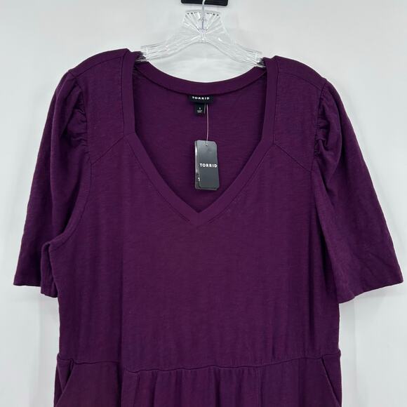 NWT Torrid Slub Mini Dress with Puff Sleeves Pockets Plum Womens Size 1 (14-16) - Picture 4 of 12